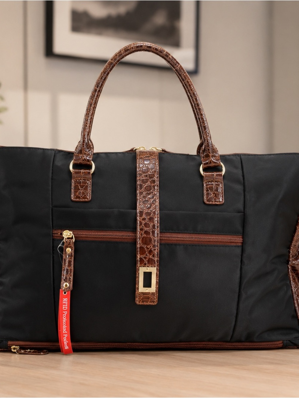 Black and Brown Croc-Trim Satchel - Picture 2 of 5